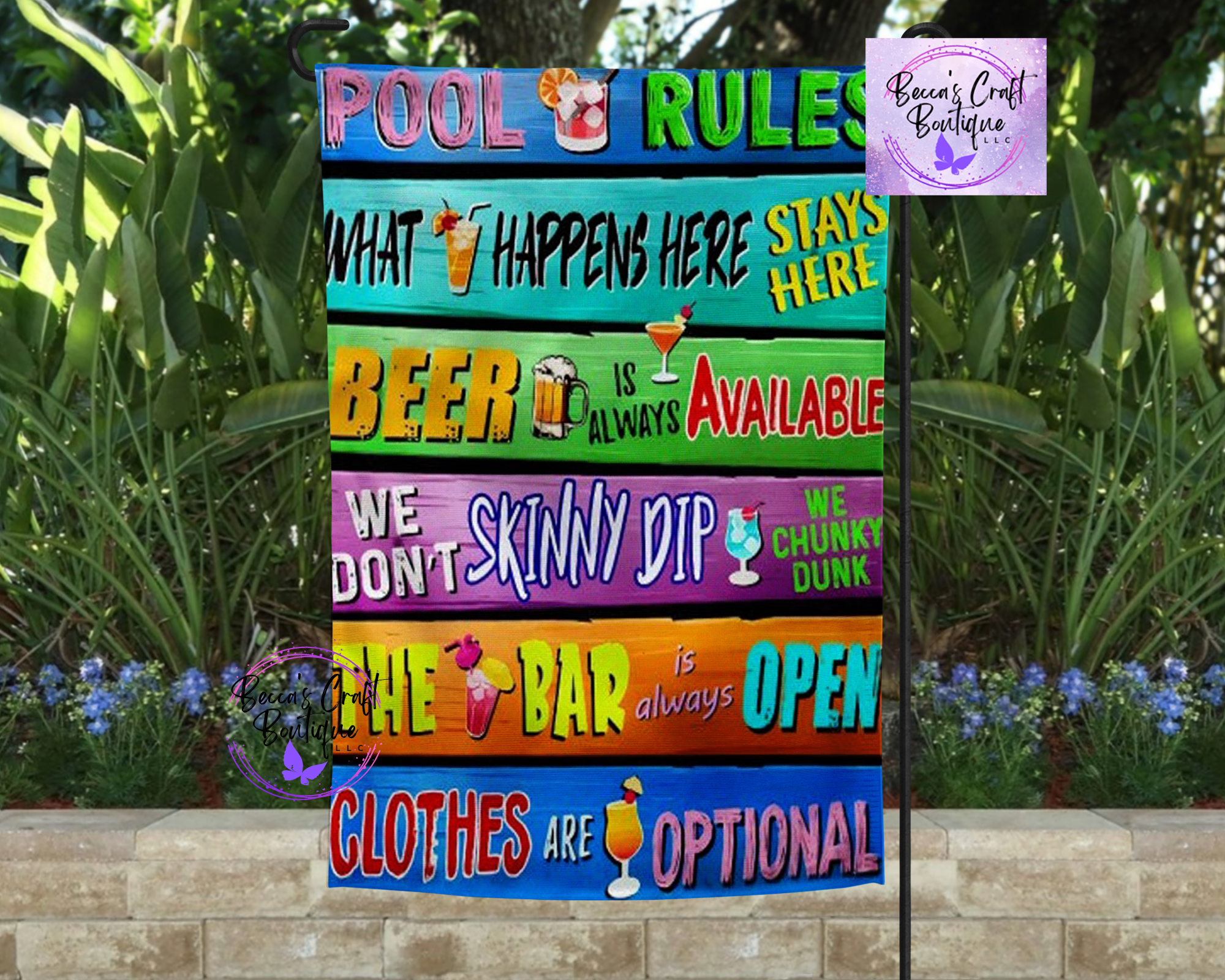 Pool rules drinking garden flag