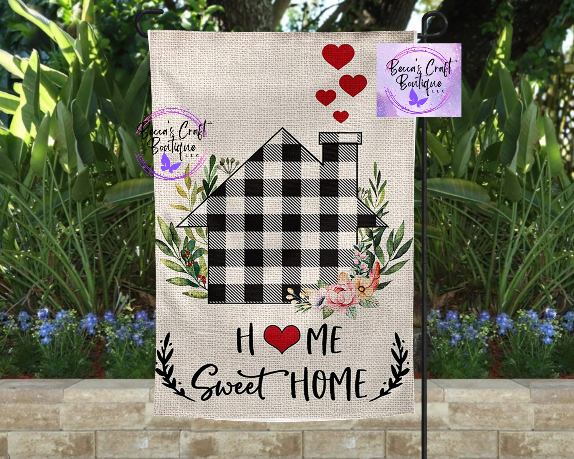 Home sweet home with hearts garden flag