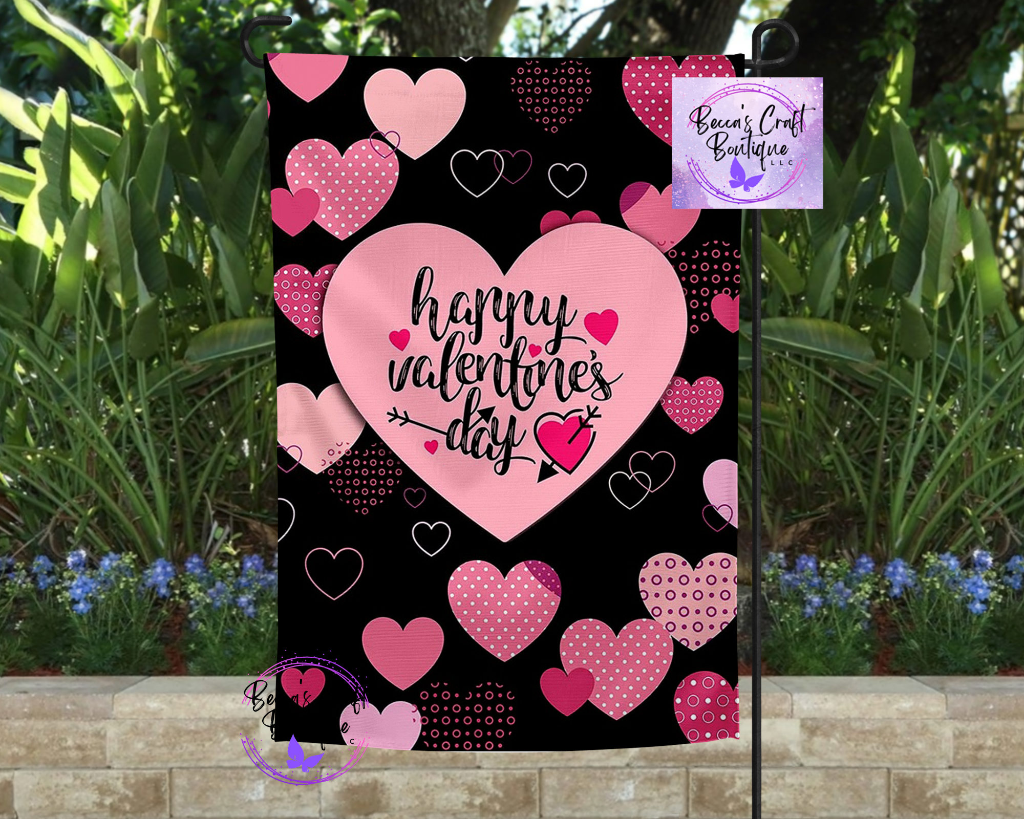 Pink hearts valentine's day garden flag