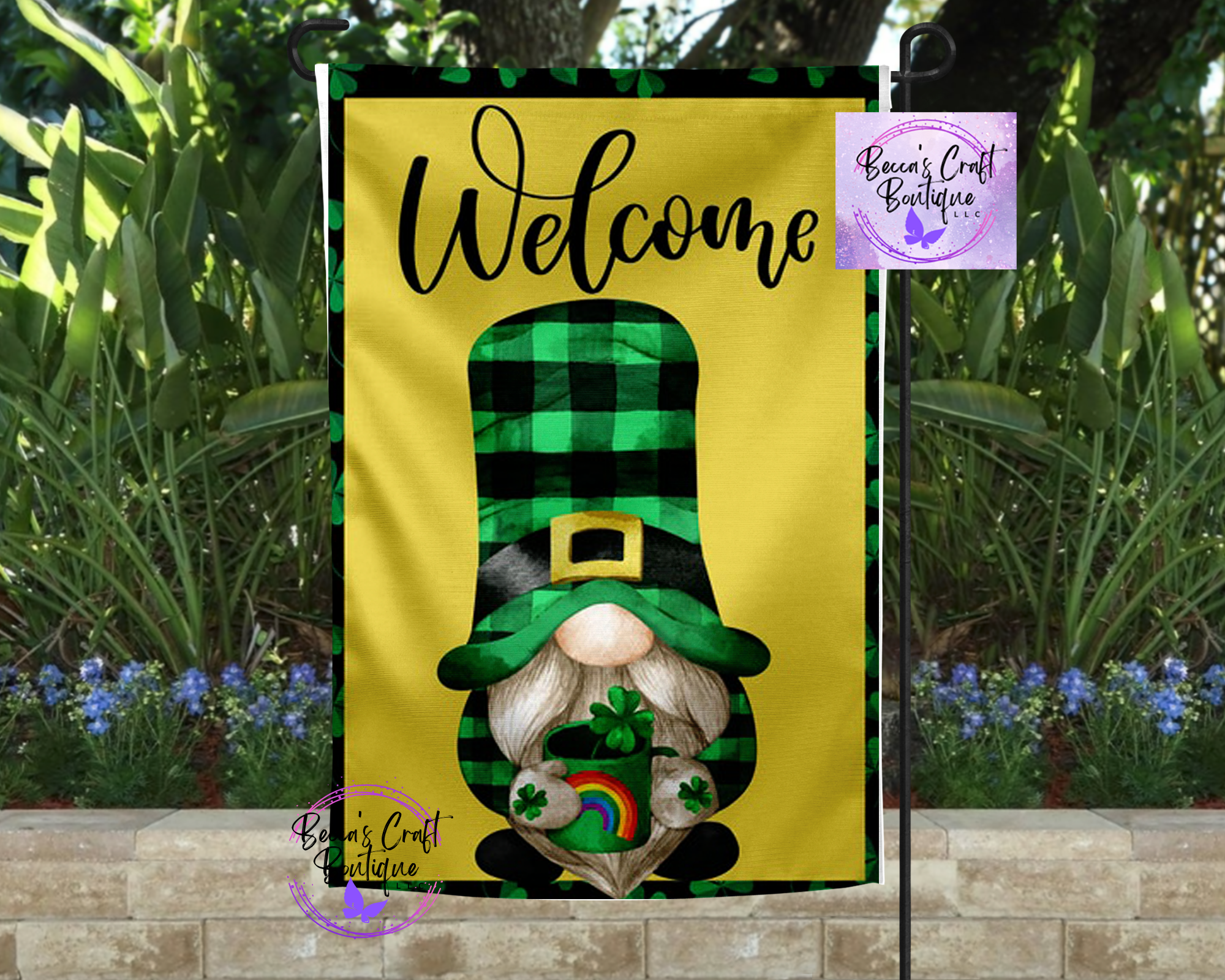 Plaid gnome st patricks day garden flag