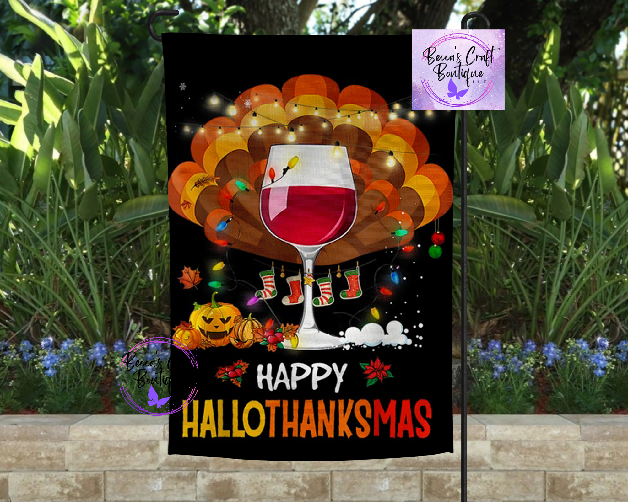 Happy hallowthanksmas garden flag