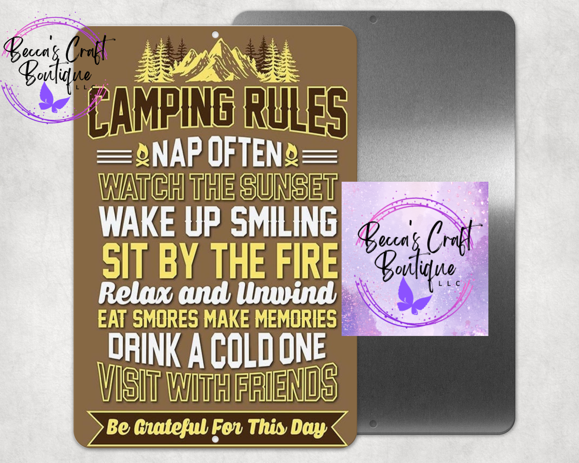 Camping rules brown parking sign