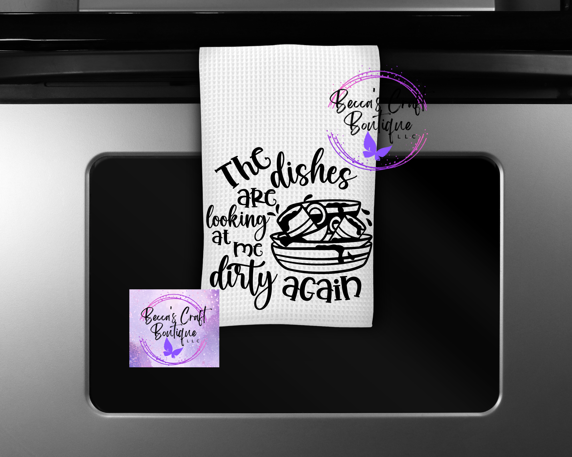 Dishes looking at me kitchen tea towel