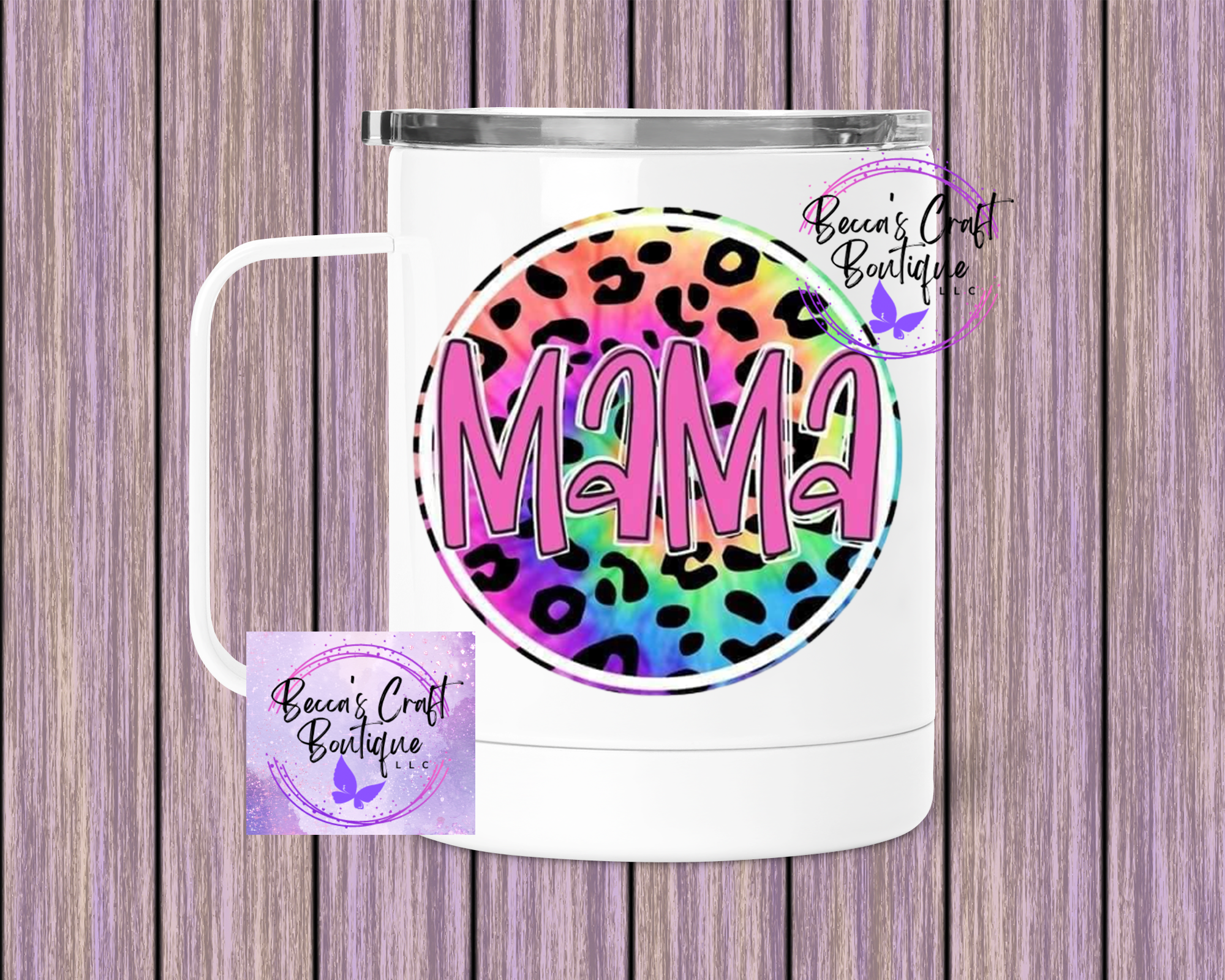 Mama rainbow cheetah camping coffee mug